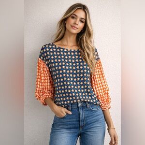 Cousin Earl Retro Print Blouse Blue Orange Statement Sleeve Top  size medium